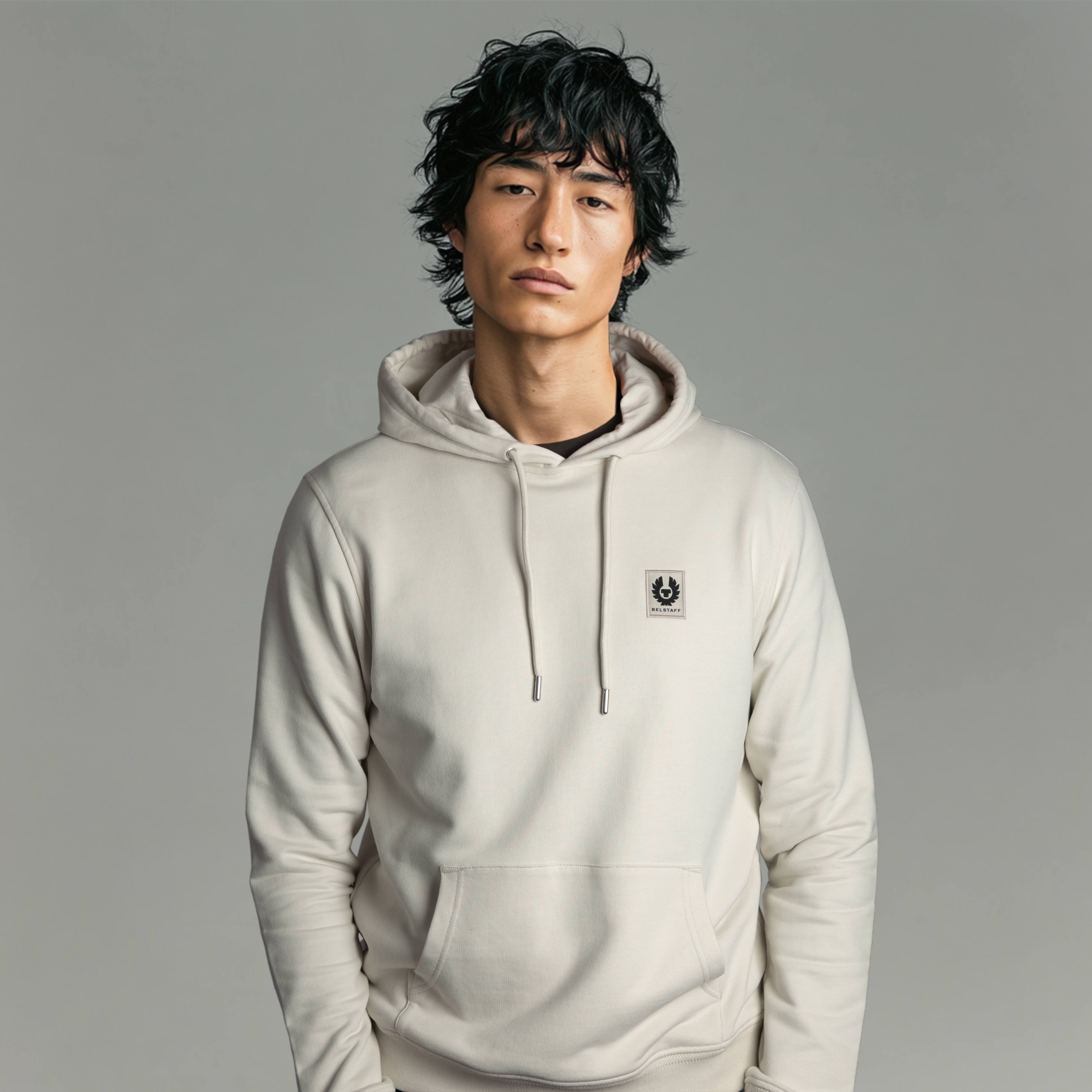 Belstaff Hoodie Sweat Top in Silver Birch Model