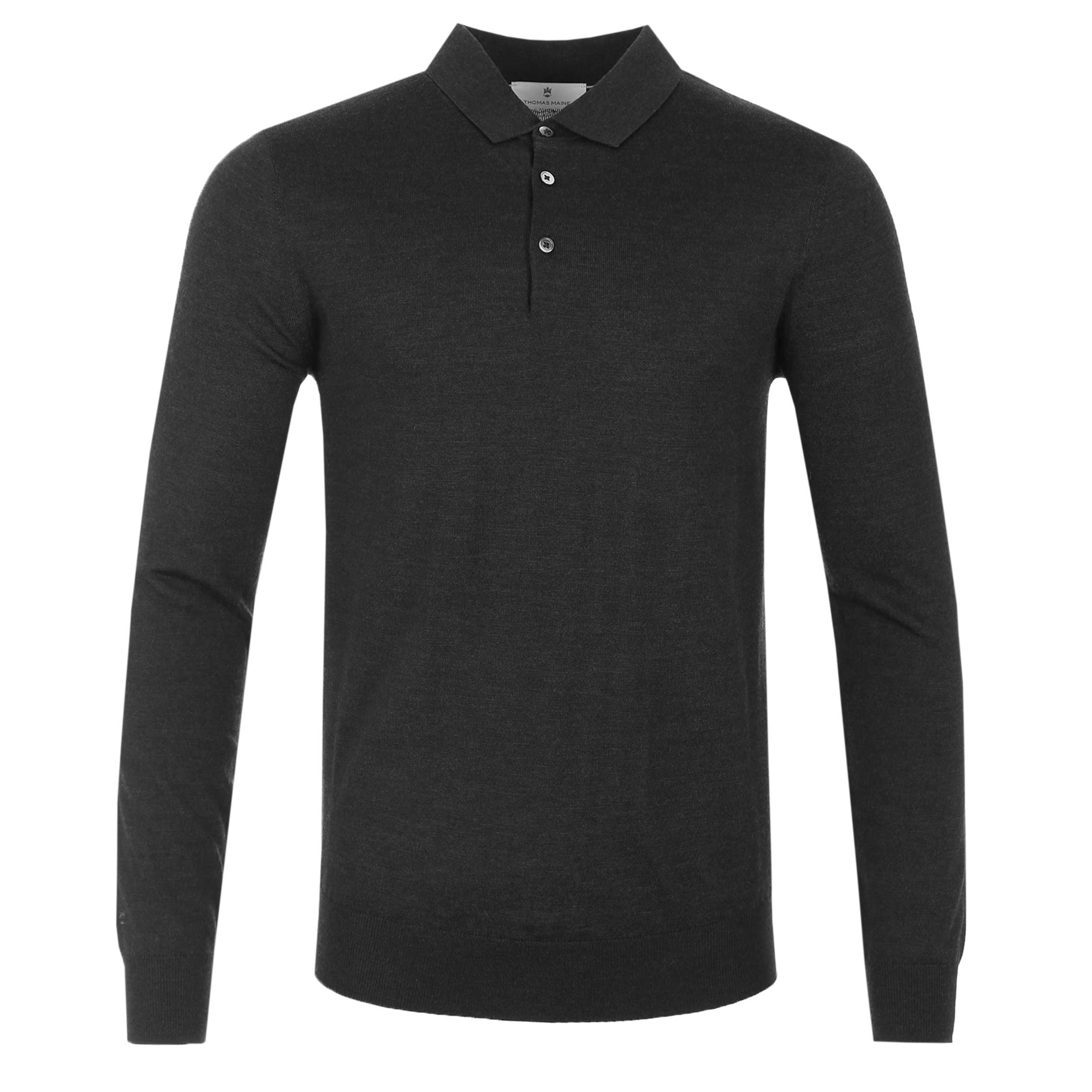 Thomas Maine 3 Button Merino Knit Polo Shirt in Black Thomas Maine 3 Button Merino Knit Polo Shirt in Black