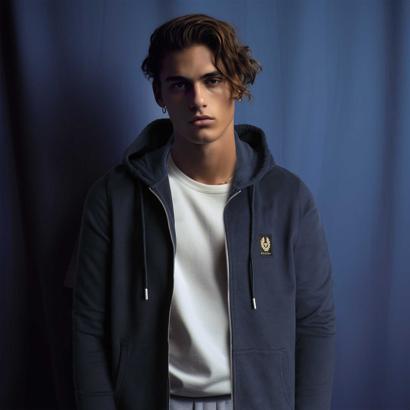 Belstaff Full Zip Hoodie Sweat Top in Navy Model
