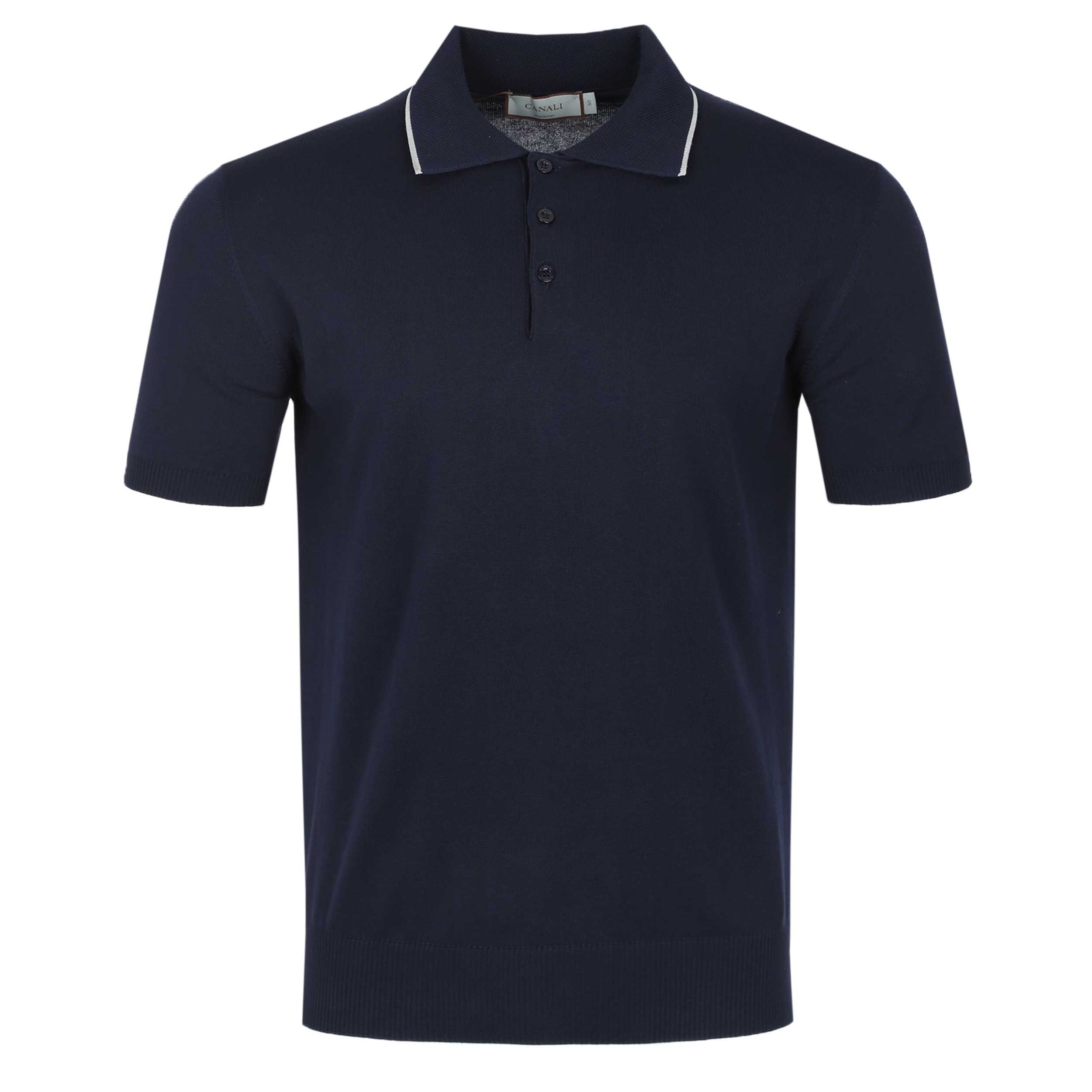 Canali Knitted 3 Button Polo Shirt in Navy Trim