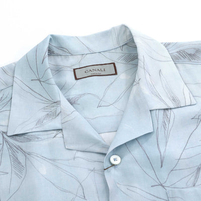 Canali Leaf Print Short Sleeve Shirt in Sky Blue Collar
