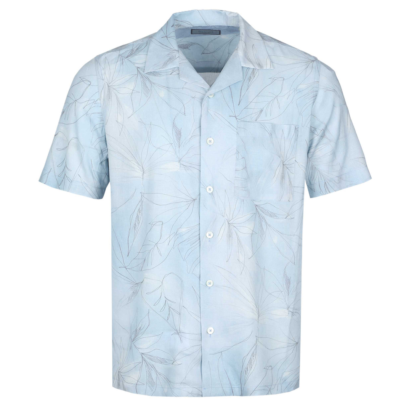 Canali Leaf Print Short Sleeve Shirt in Sky Blue