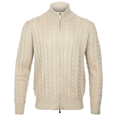 Filippo De Laurentiis Extrafine Merino Cable Knit Zip Knitwear in Beige