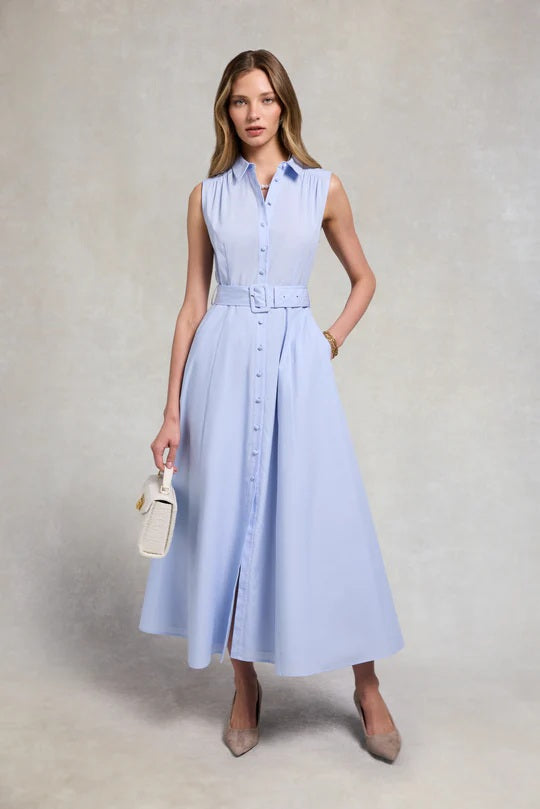 Holland Cooper Aimee Sleeveless Dress in Light Blue Chambray