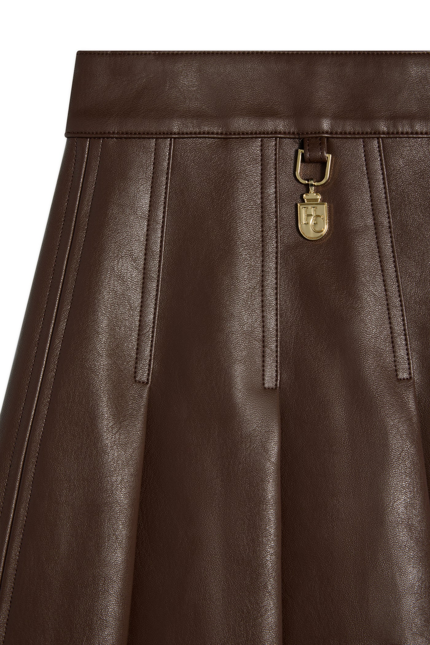 Holland Cooper Faux Leather Pleated Mini Skirt in Espresso Detail