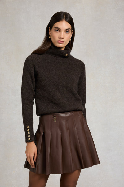 Holland Cooper Faux Leather Pleated Mini Skirt in Espresso