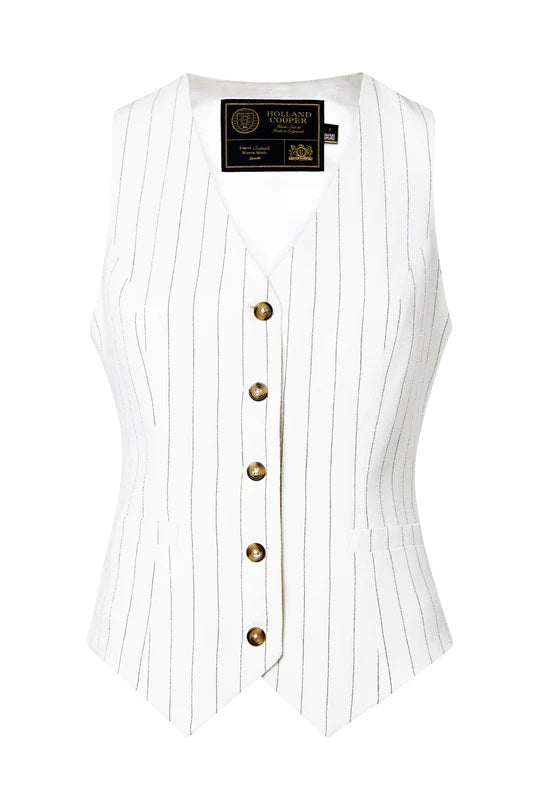 Holland Cooper Hampton Waistcoat in Oyster Linen Pinstripe