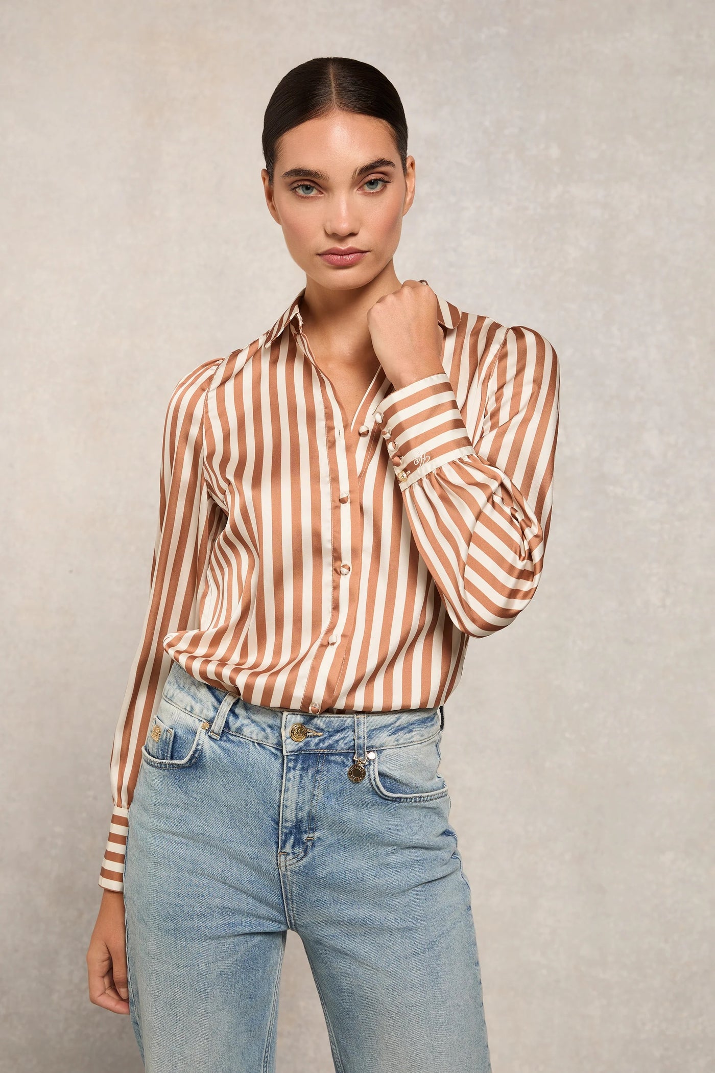 Holland Cooper Isla Satin Shirt in Terracotta Stripe