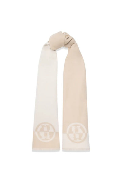 Holland Cooper Jacquard Scarf in Cream Taupe Tied