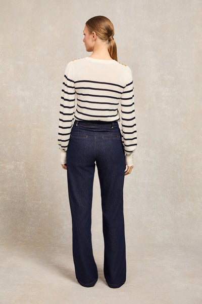 Holland Cooper Kelsie Crew Neck Knitwear in Natural Stripe Model Back