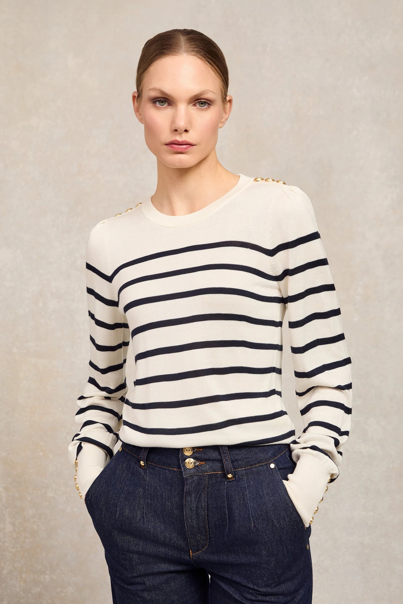Holland Cooper Kelsie Crew Neck Knitwear in Natural Stripe