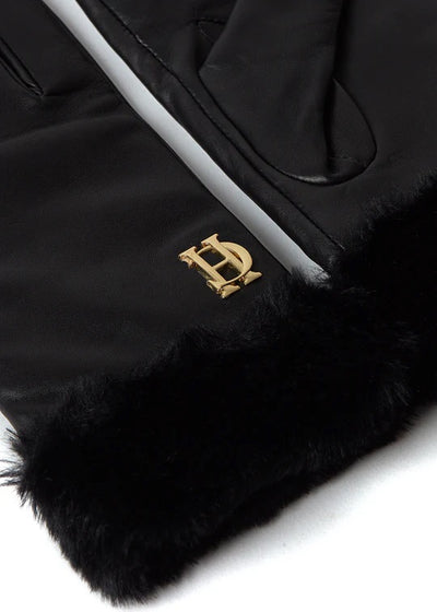Holland Cooper Lined Faux Trim Leather Gloves in Black Logo