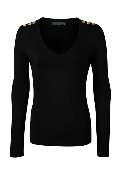 Holland Cooper Long Sleeve V Neck Tee in Black Front