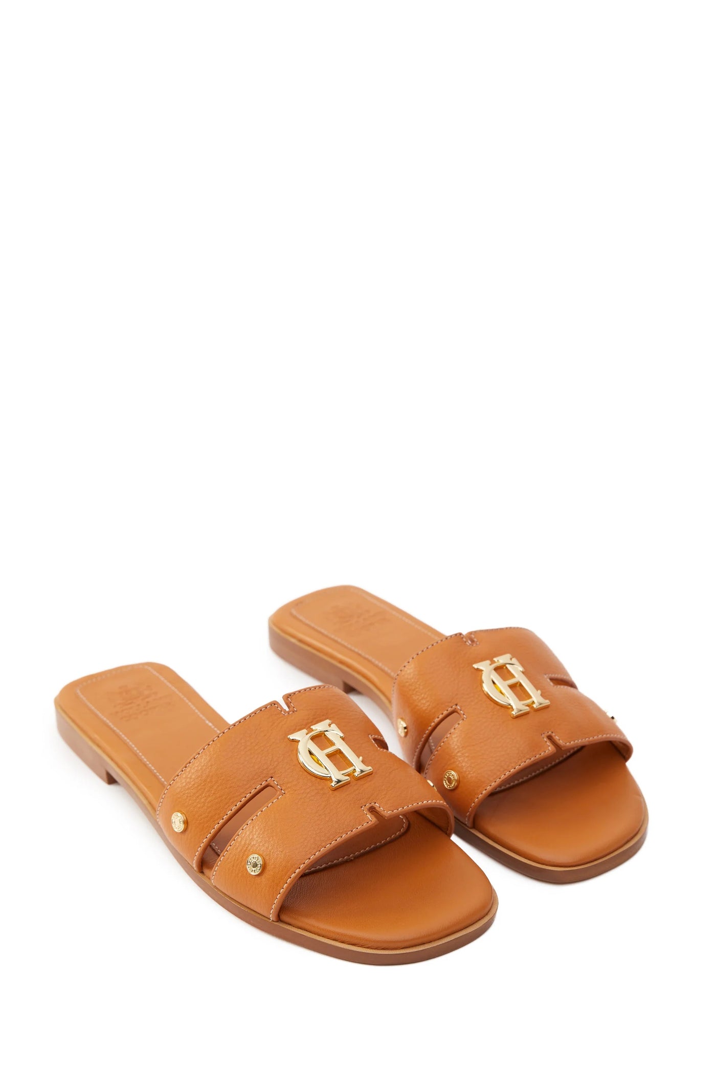 Holland Cooper Monogram Ladies Slide in Tan Leather Pair