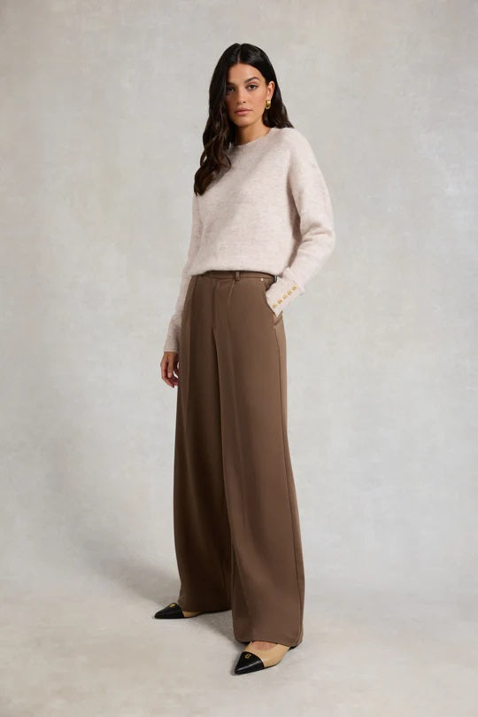 Holland Cooper Pleated Wide Leg Trouser in Mocha