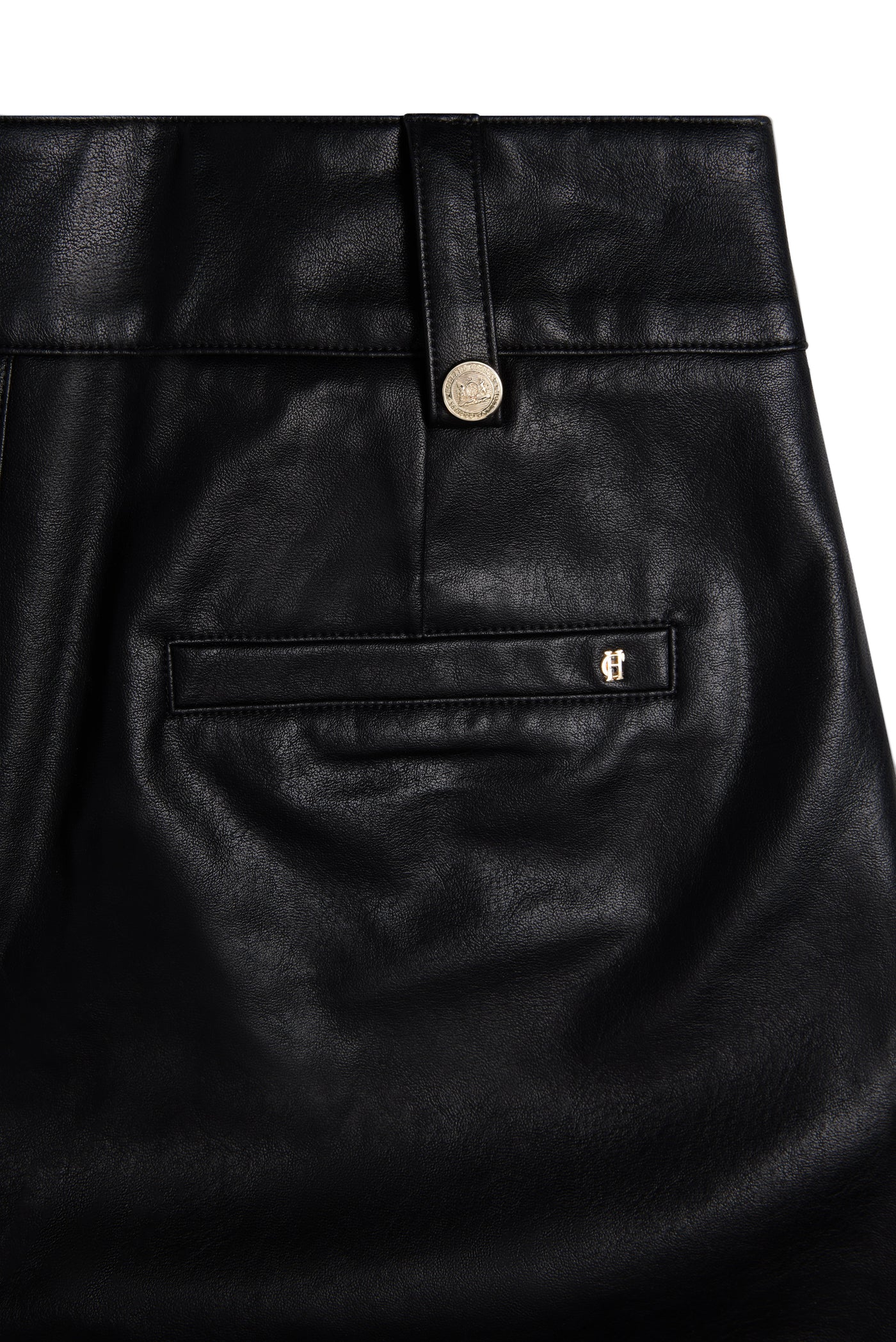 Holland Cooper High Waisted Faux Leather Short in Black Seat Pocket