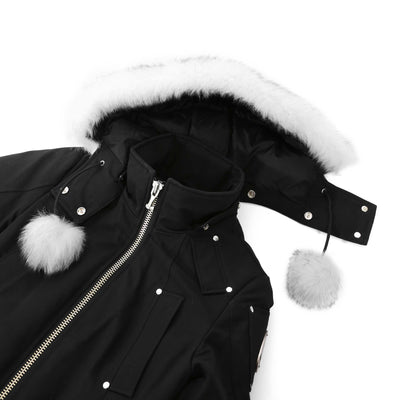 Moose Knuckles Debbie Ladies Bomber Jacket in Black with White Fur Detachable Hood