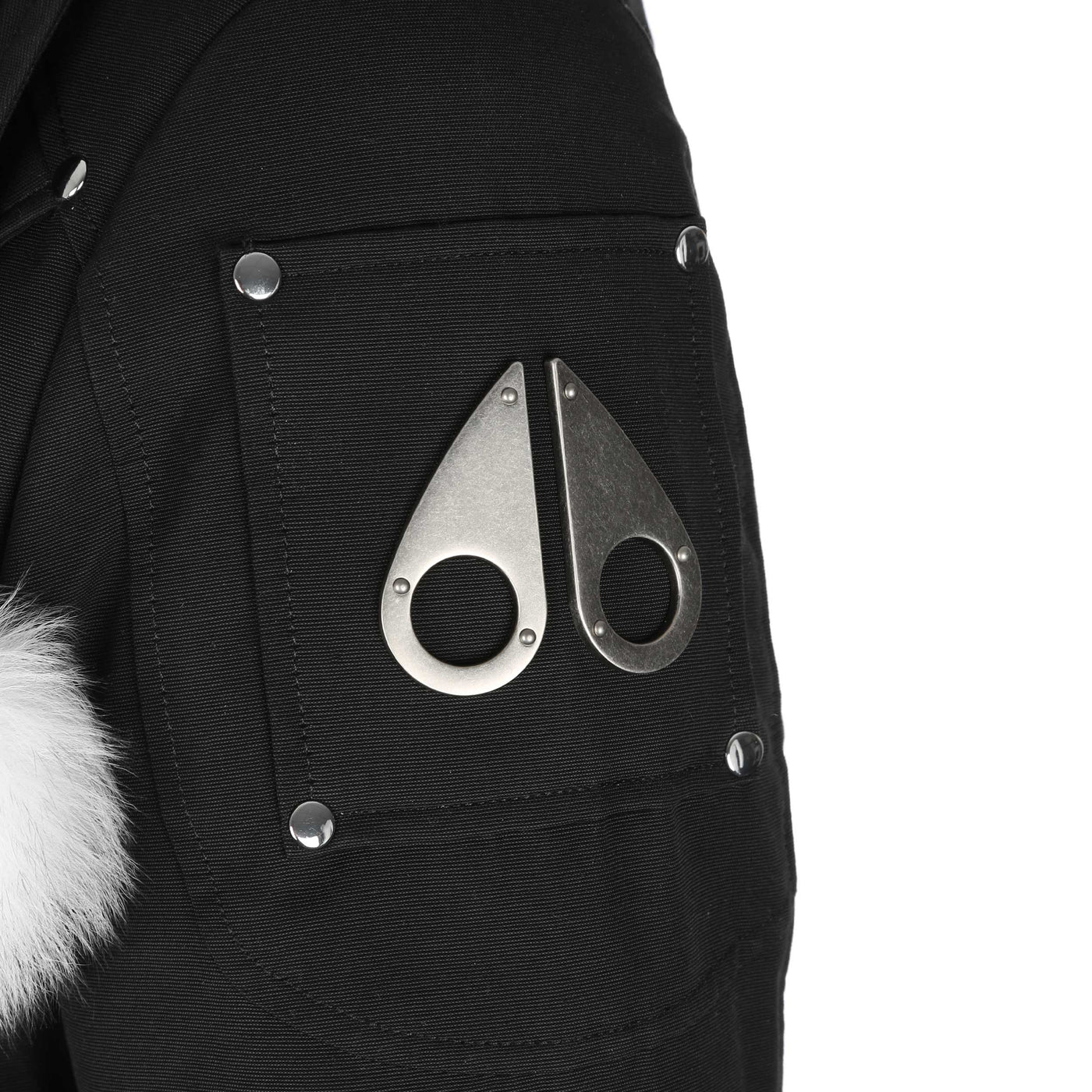 Moose Knuckles Debbie Ladies Bomber Jacket in Black with White Fur Logo