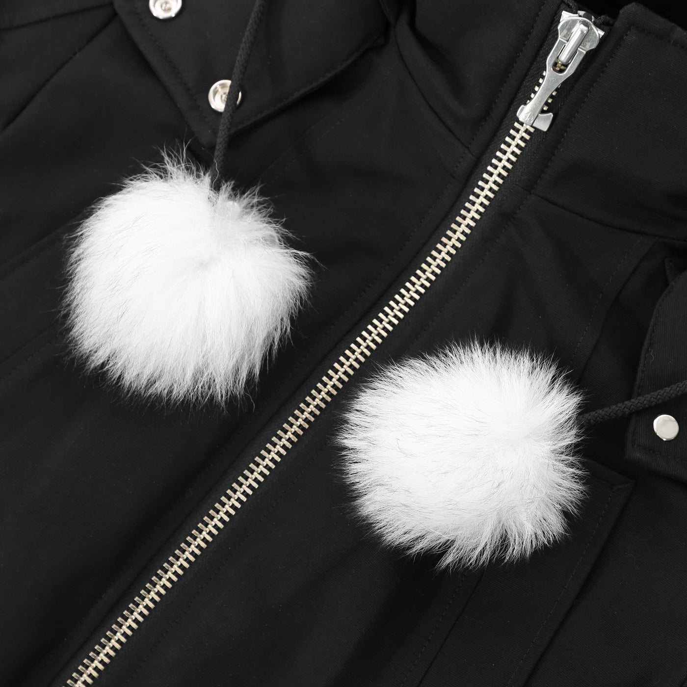 Moose Knuckles Debbie Ladies Bomber Jacket in Black with White Fur Poms Poms
