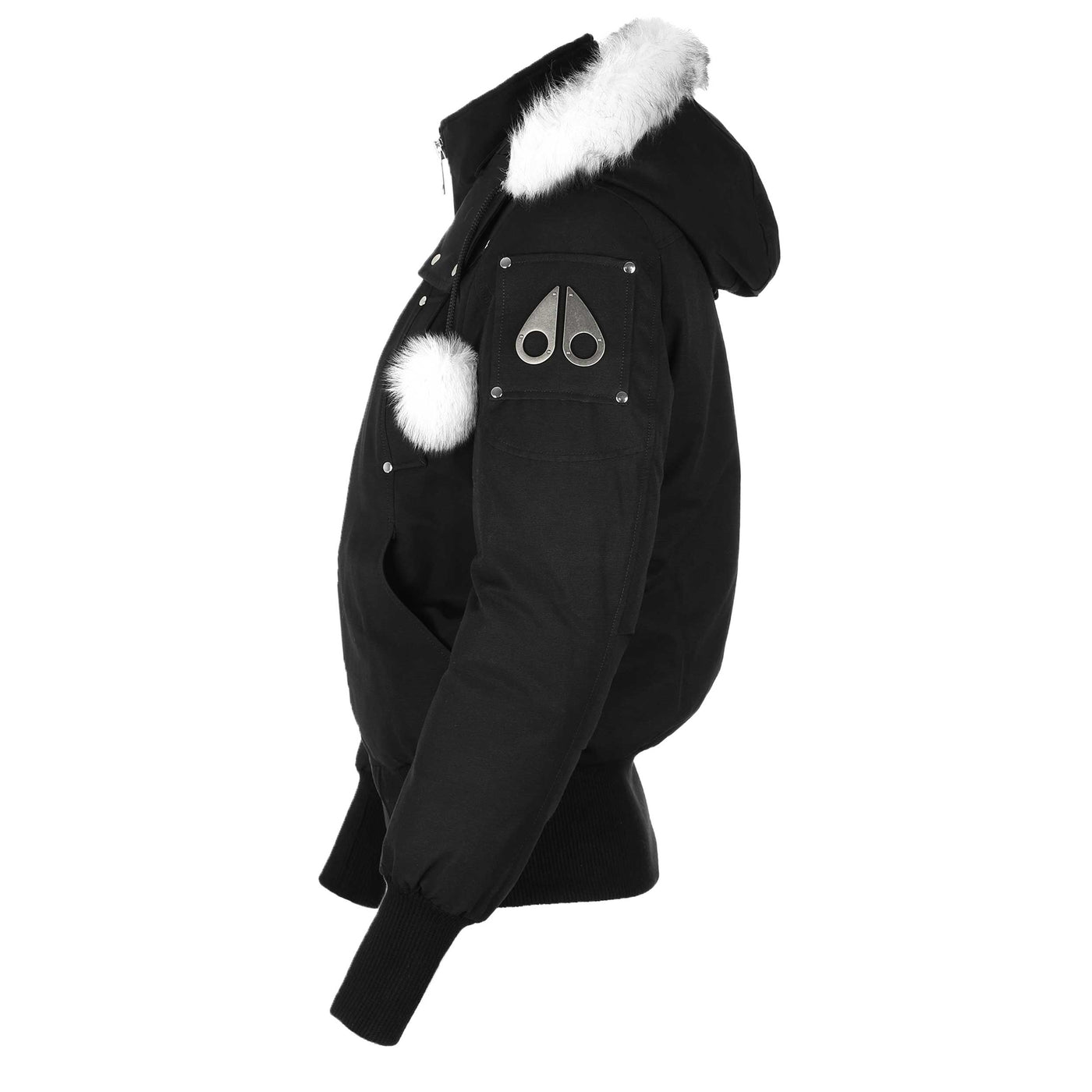 Moose Knuckles Debbie Ladies Bomber Jacket in Black with White Fur Side