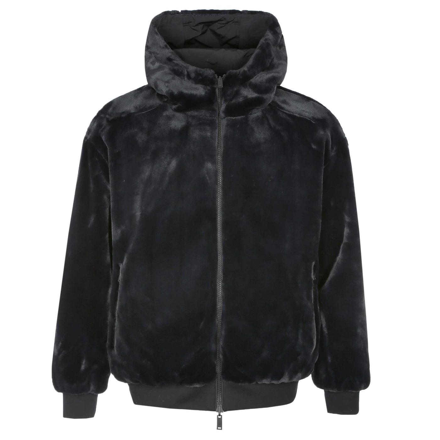 Moose Knuckles Roland Rev Bunny Jacket in Black Faux Fur Front