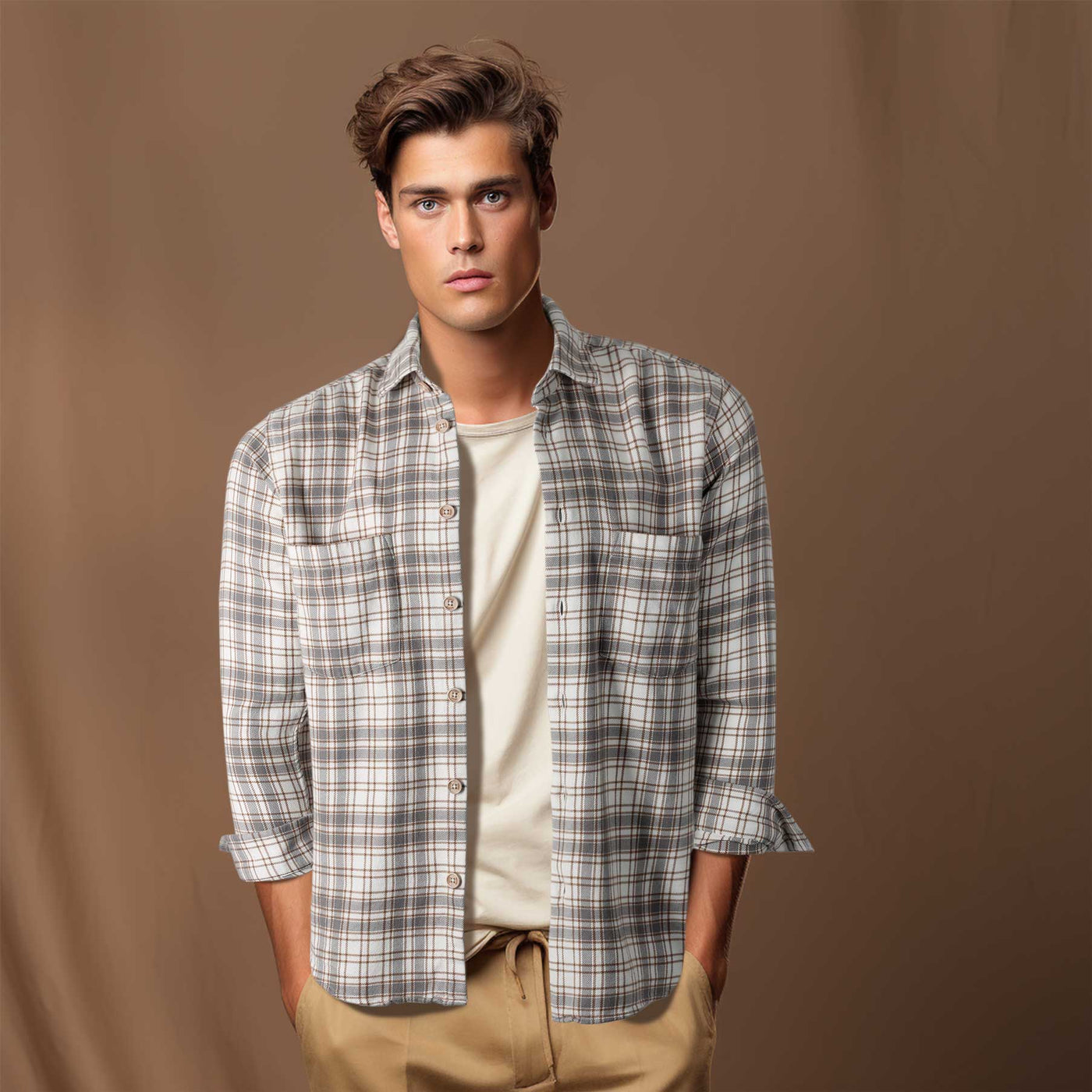 Remus Uomo Check Overshirt in White Tan Check Model