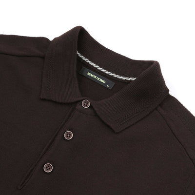 Remus Uomo 3 Button Knitted Polo Shirt in Brown Collar