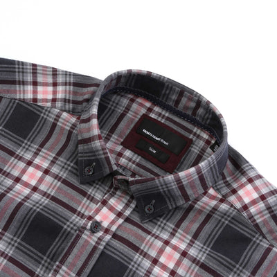 Remus Uomo Button Down Check Shirt in Grey Pink Check Collar