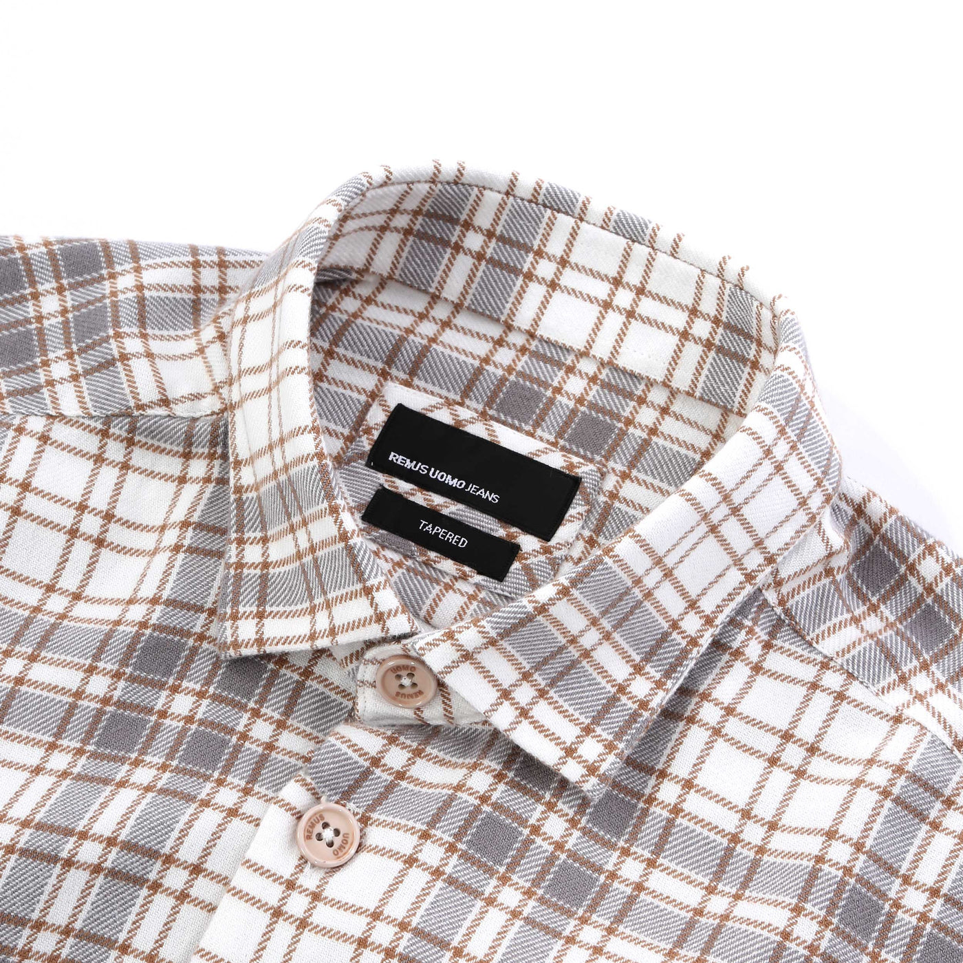 Remus Uomo Check Overshirt in White Tan Check Collar