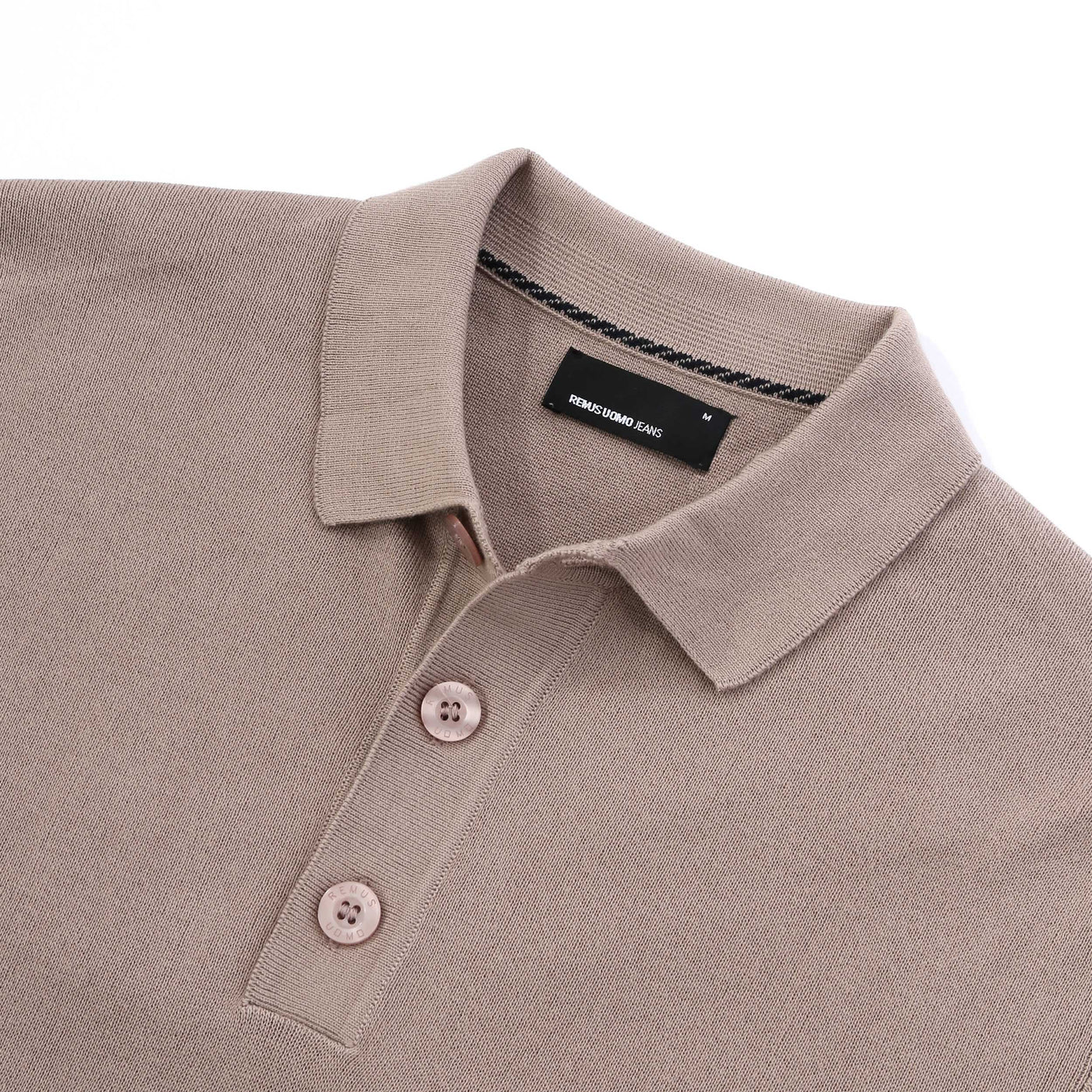 Remus Uomo Chunky 3 Button Knitted Polo Knitwear in Beige Collar