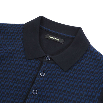 Remus Uomo Jacquard Print Polo Knitwear in Navy Blue Collar