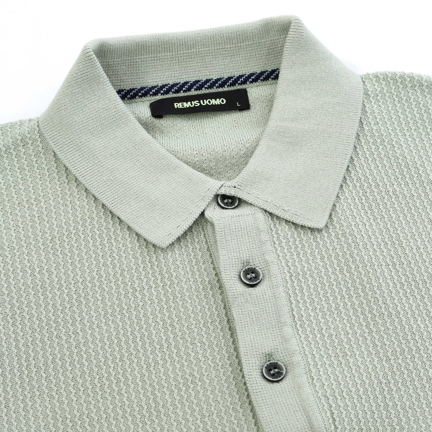 Remus Uomo Seersucker Knitted Polo Shirt in Mint Placket