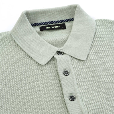 Remus Uomo Seersucker Knitted Polo Shirt in Mint Placket
