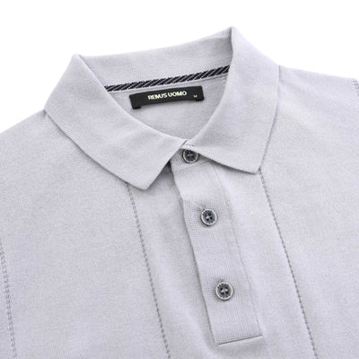 Remus Uomo Vertical Lines 3 button Knitted Polo Shirt in Grey Collar