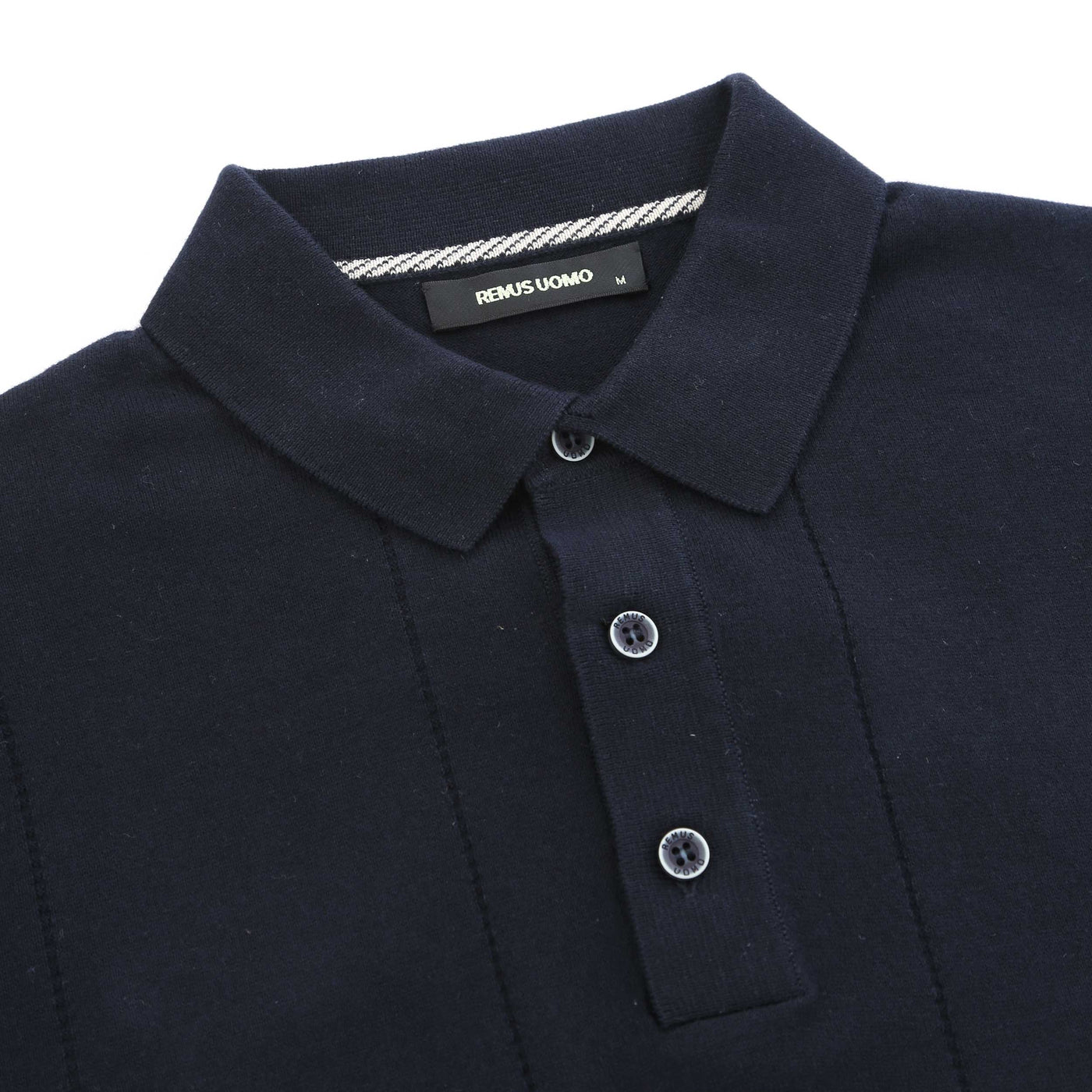 Remus Uomo Vertical Lines 3 button Knitted Polo Shirt in Navy Placket