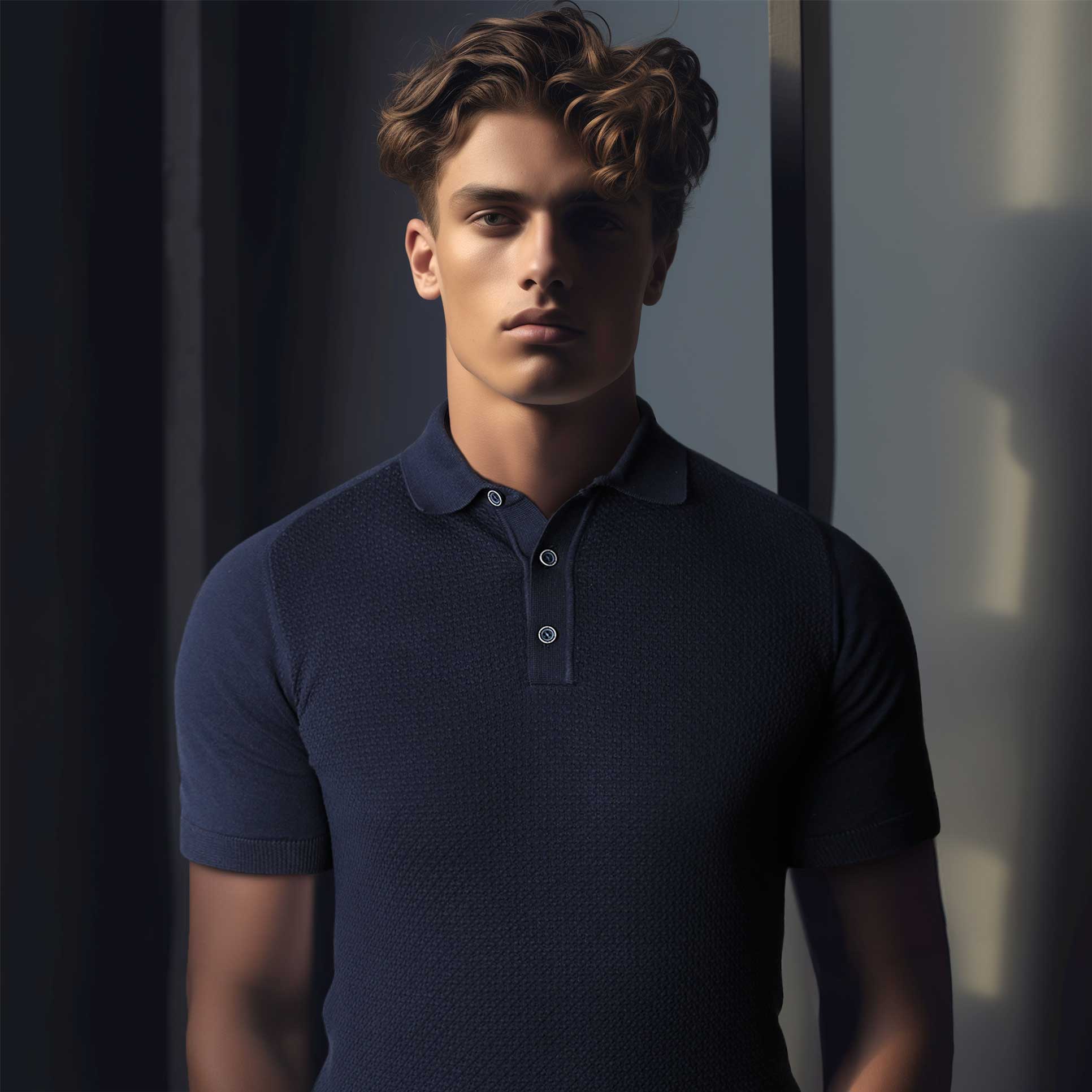 Remus Uomo Waffle Knitted Polo Shirt in Navy