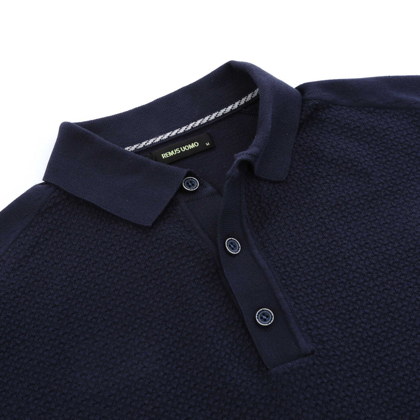 Remus Uomo Waffle Knitted Polo Shirt in Navy Collar