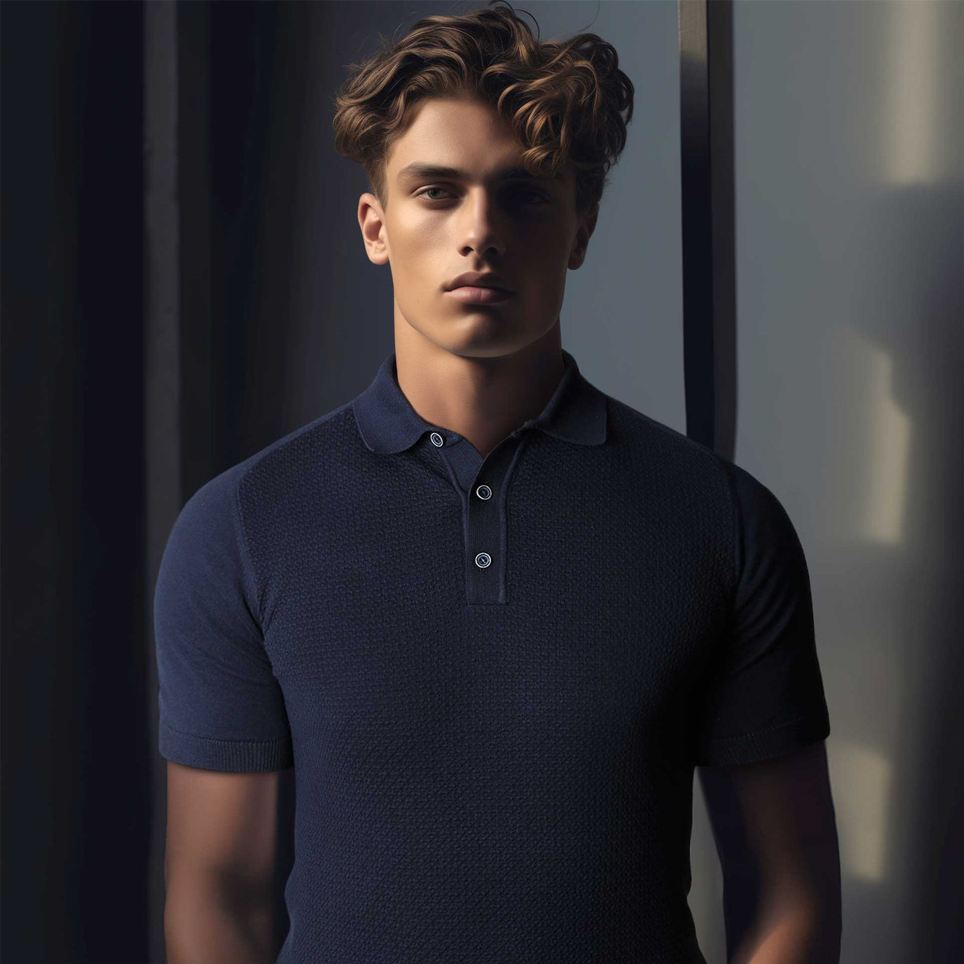 Remus Uomo Waffle Knitted Polo Shirt in Navy model