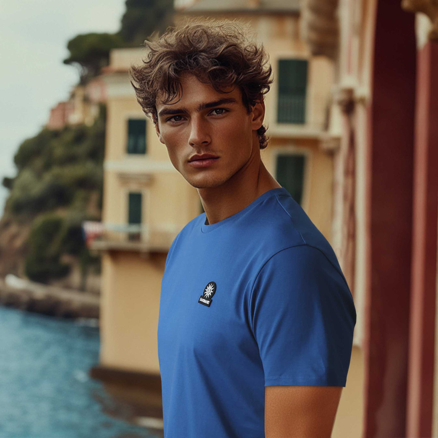 Sandbanks Badge Logo T Shirt in Nautical Blue Model