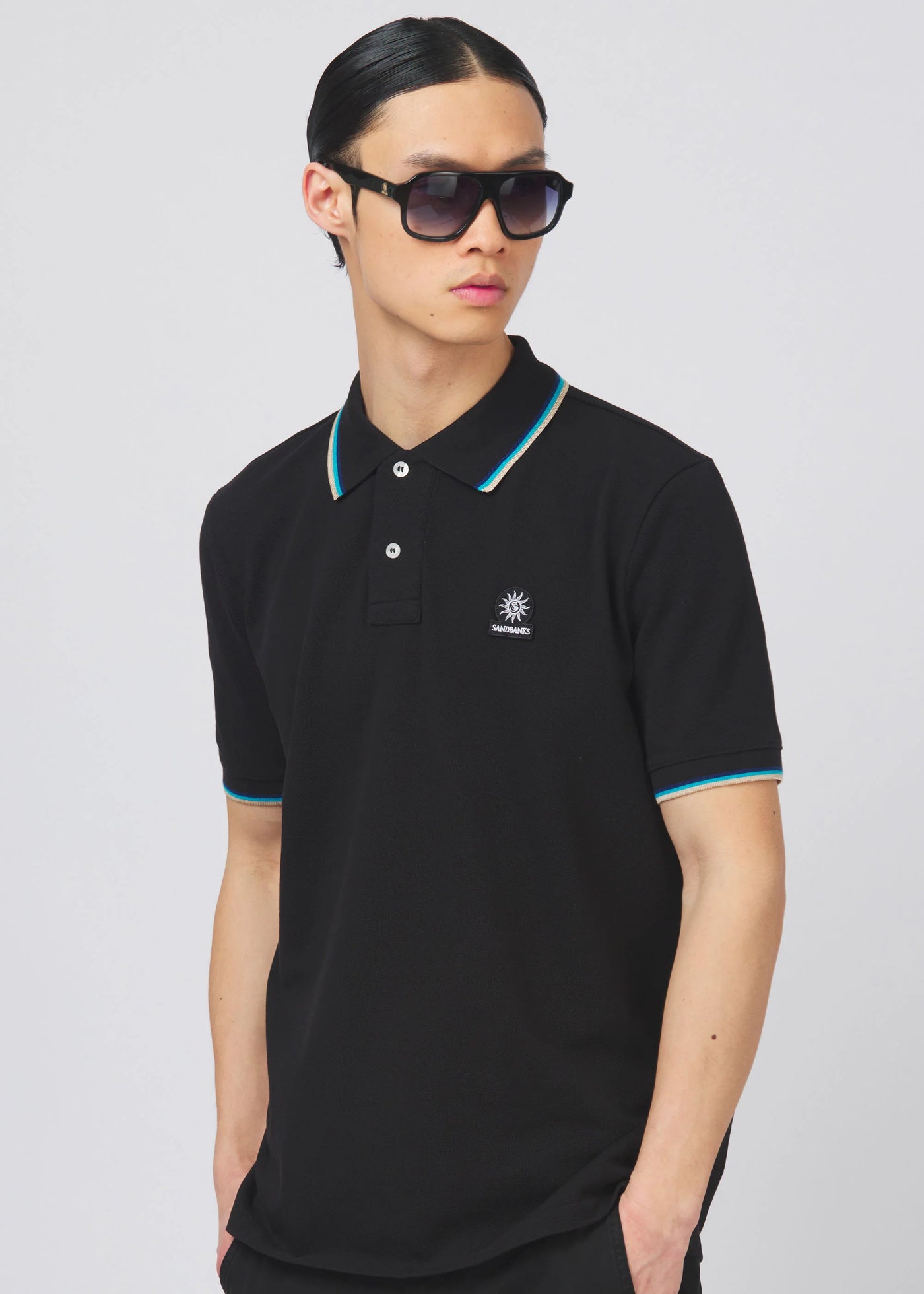 Sandbanks Badge Logo Tipped Polo Shirt in Black