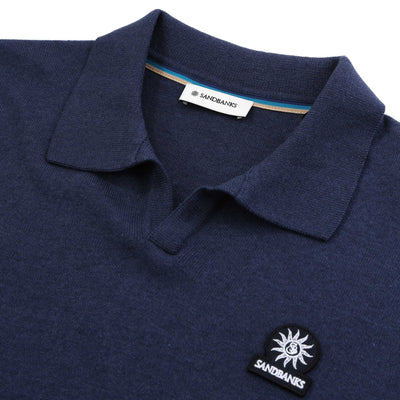 Sandbanks Knitted Revere Polo Shirt in Navy Placket