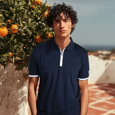 Sandbanks Silicone Zip Polo Shirt in Navy Model