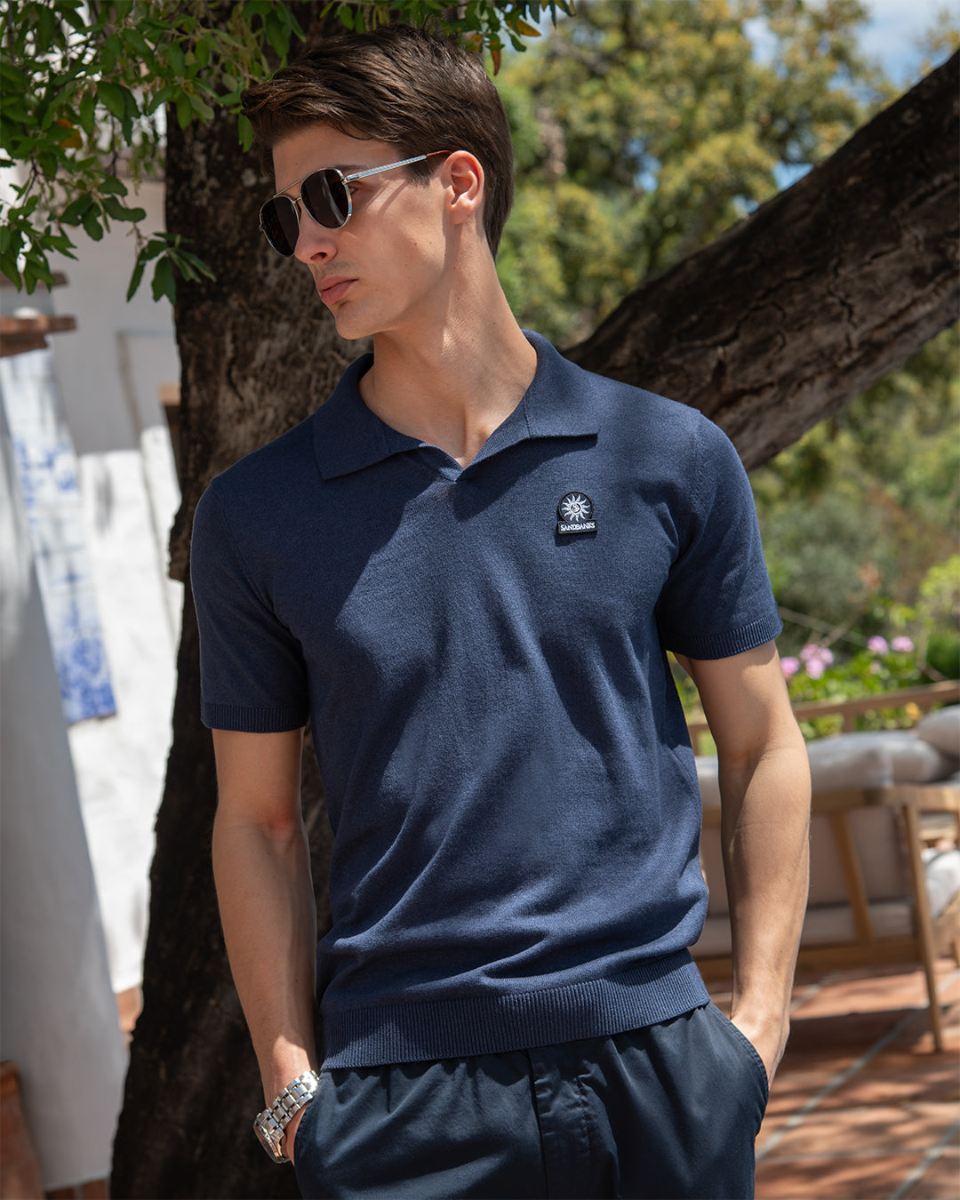 Sandbanks Knitted Revere Polo Shirt in Navy