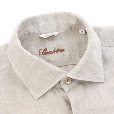Stenstroms Fitted Body Linen Shirt in Light Beige Collar