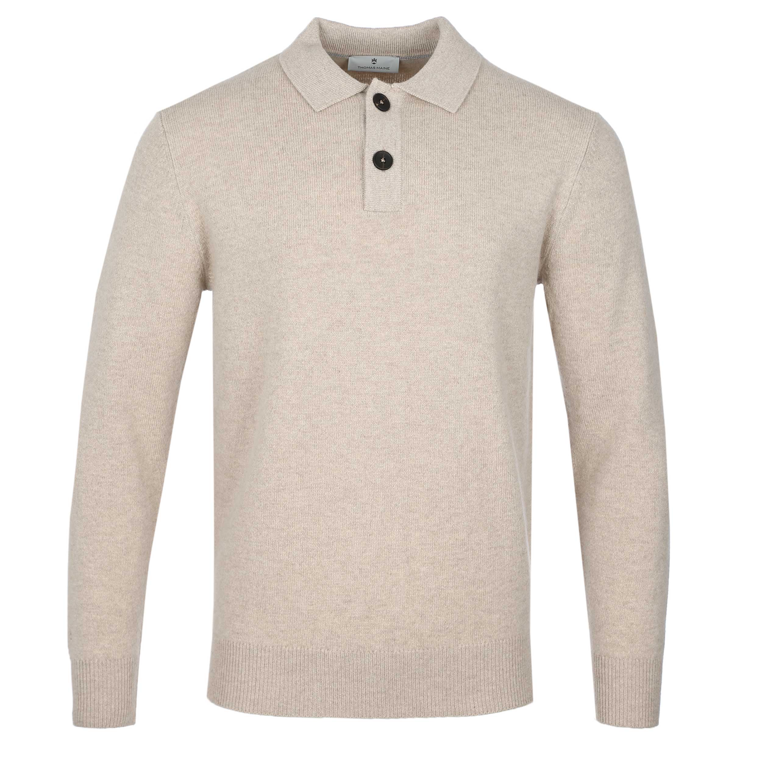 Thomas Maine 2 Button Lambs Wool Knit Polo in Beige