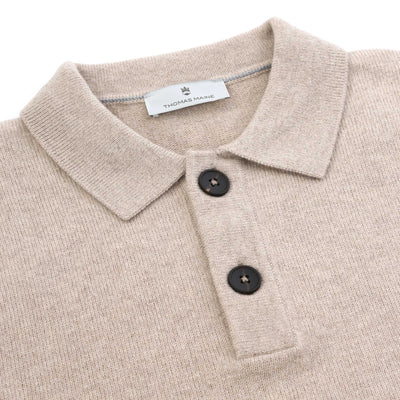 Thomas Maine 2 Button Lambs Wool Knit Polo in Beige Placket