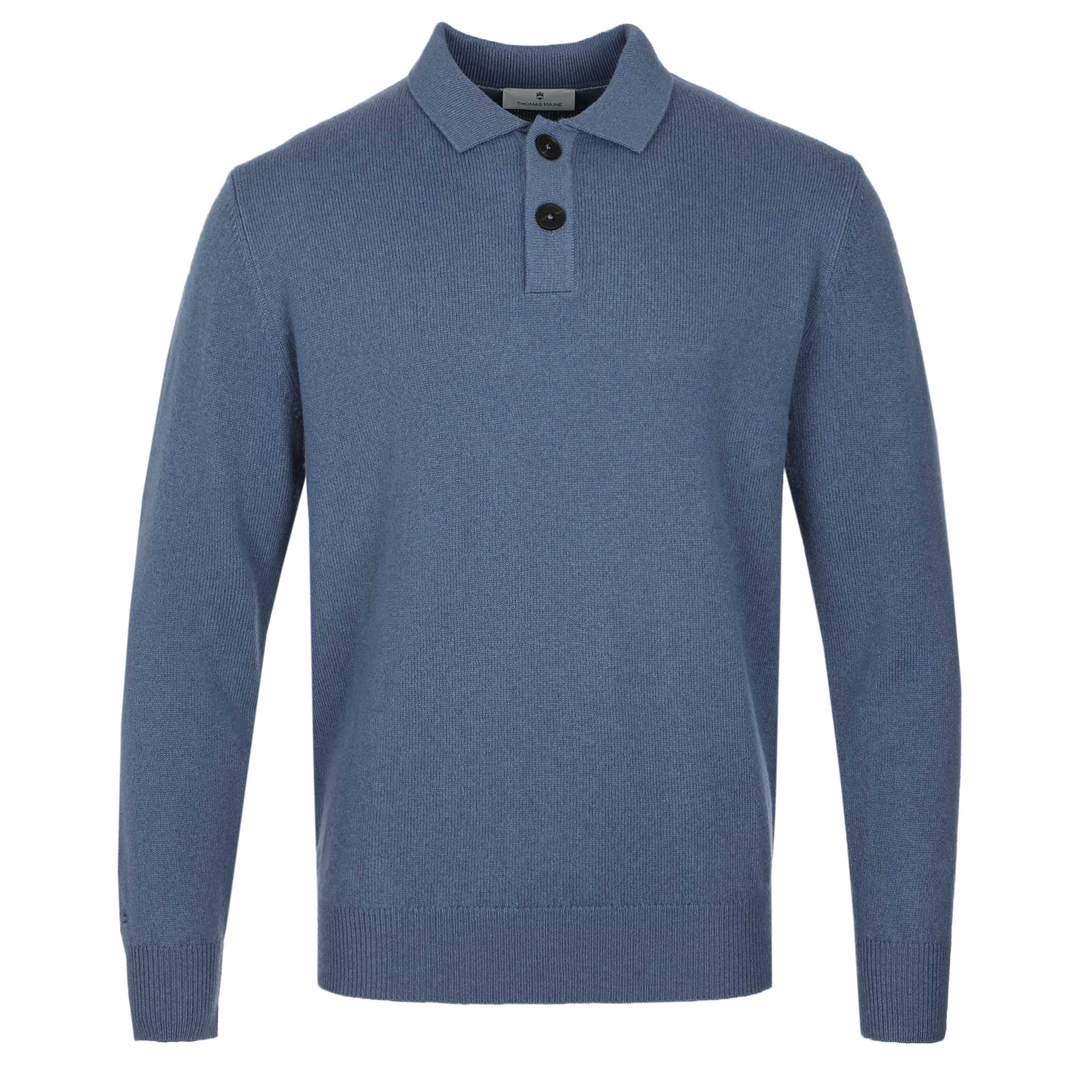 Thomas Maine 2 Button Lambs Wool Knit Polo in Blue
