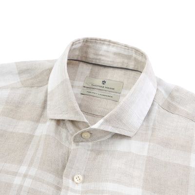 Thomas Maine Linen Check Shirt in Beige Collar