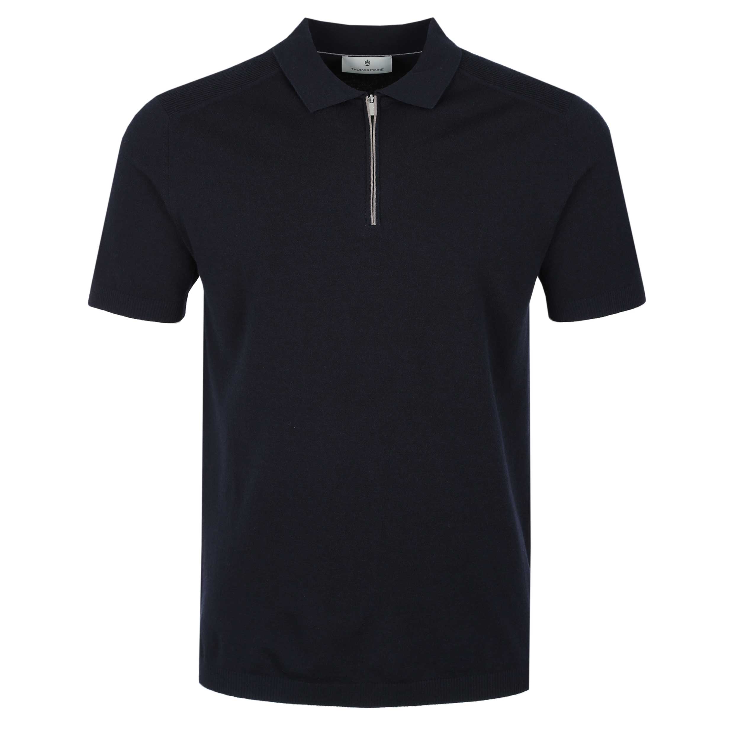 Thomas Maine Merino Zip Knit Polo in Navy