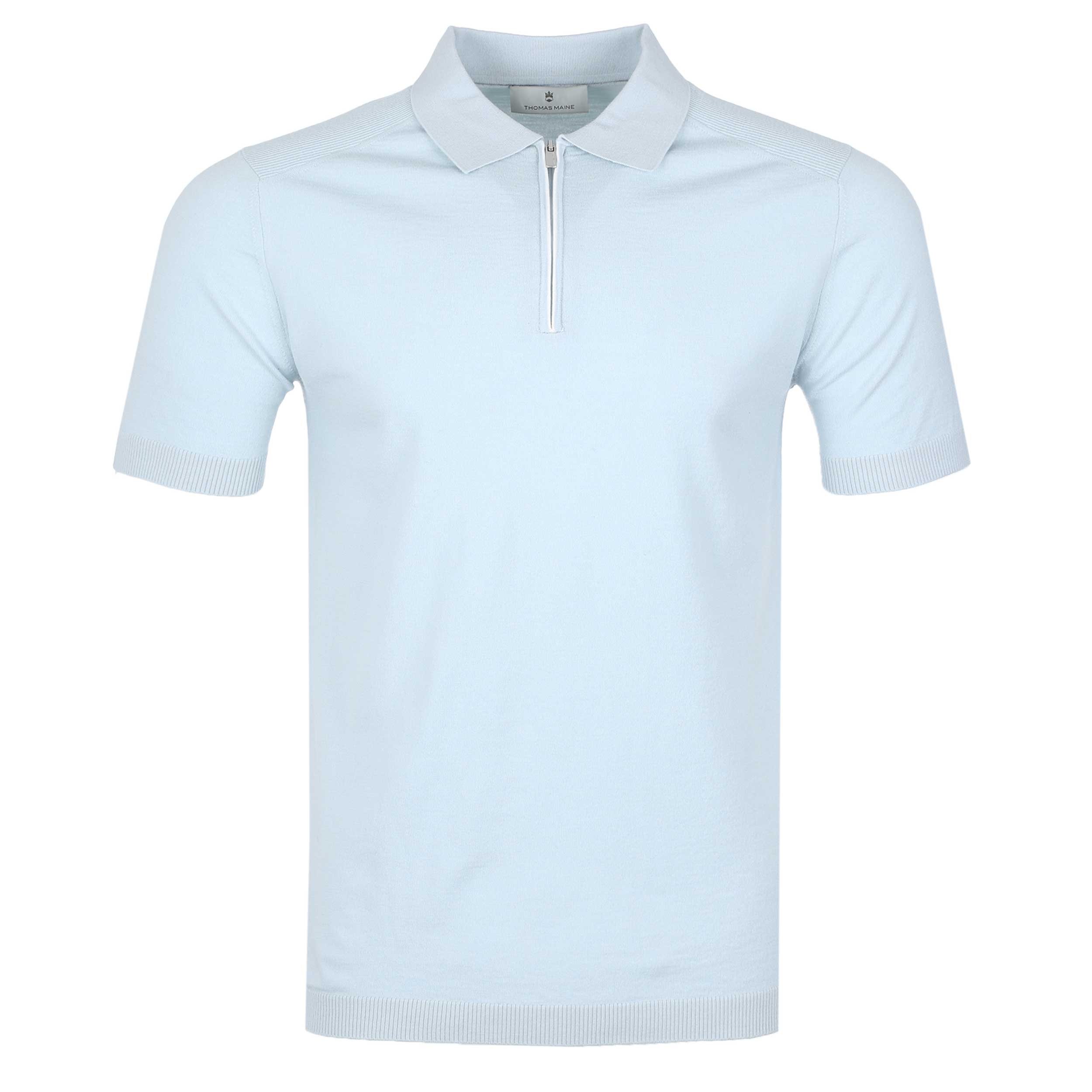Thomas Maine Merino Zip Knit Polo in Sky Blue